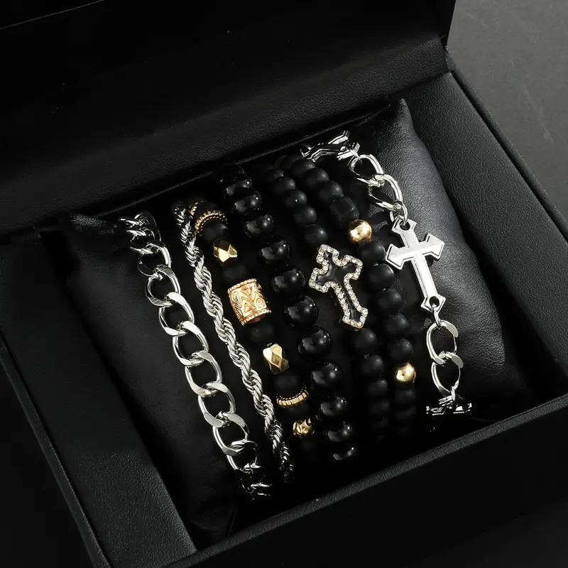 Men's Casual Fashion Stackable Beaded with Cross Beads and Diamond Style, Iron Chain and Zinc Alloy Hand Chain for Daily Wear, Great Gift for Boyfriend or Father, Bracelets Stack