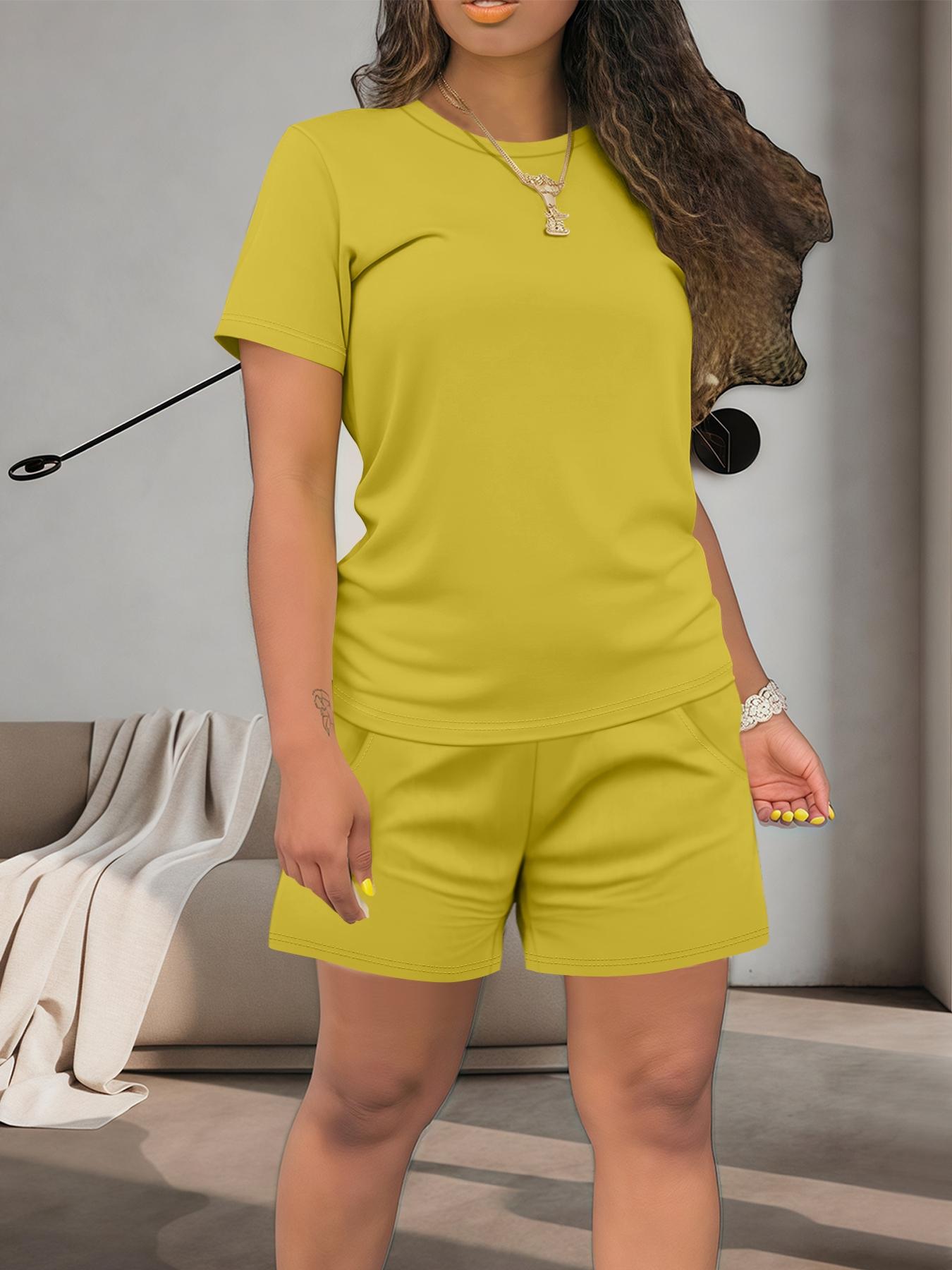 Women's Summer Casual Set, Regular Fit Short Sleeve Top & Shorts, Plain Color Women's, Comfortable Daily Wear Women's Summer Casual Set, Regular Fit Short Sleeve Top & Shorts, Plain Color Women's, Comfortable Daily Wear