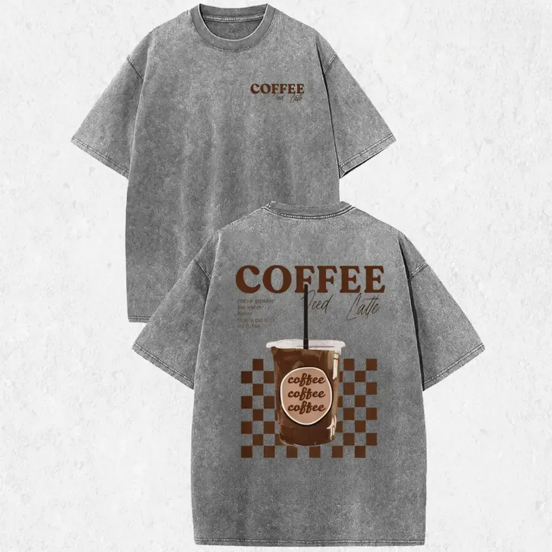 Women's Vintage Iced Latte Coffee Short-Sleeve T-Shirt - Double-Sided Checkerboard Print, Washed Cotton Fabric, Retro Coffee Slogan Graphic, Round Neck, Casual Loose Fit, 2026 New Color Scheme, Outdoor Sport Wear