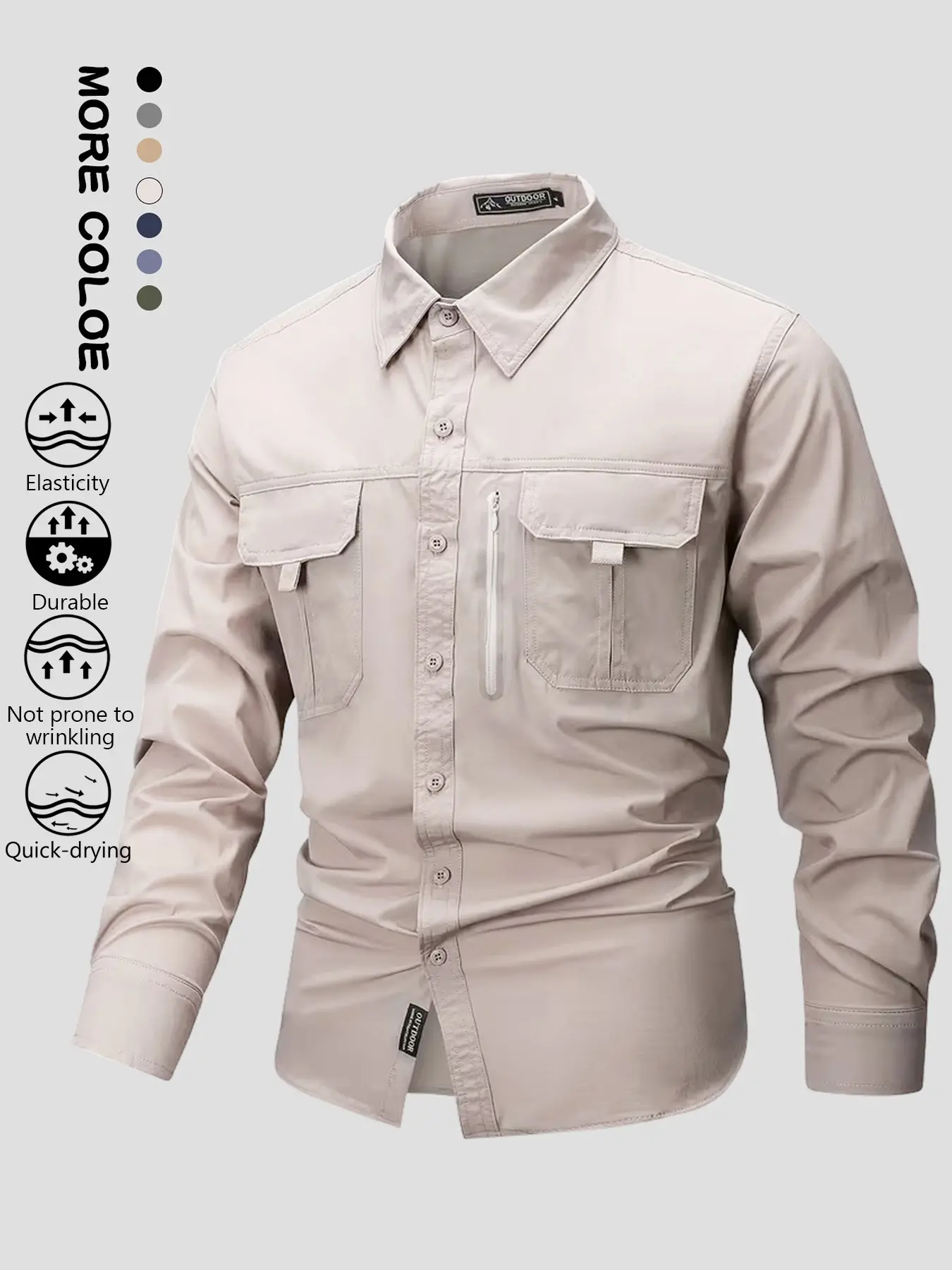 New Arrival Men Tactical Multi Zip Pocket Stretch Quick Dry Work Shirt 4 Functional Lightweight Fabric Wrinkle Resistant Durable Hidden Zip Storage Chest Pockets Outdoor Hiking Fishing Camping Daily Casual Shirt Black Army Green Khaki Off White Navy Slate