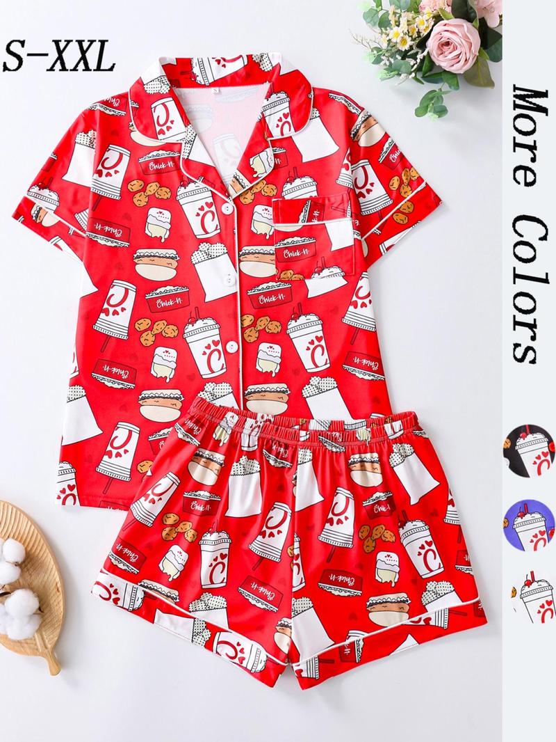 Women's All Over Print Button Front Shirt & Shorts Pyjama Set, Comfort Two-piece Pj Set for Homewear, Women's Sleepwear for All Seasons, Pajama Set