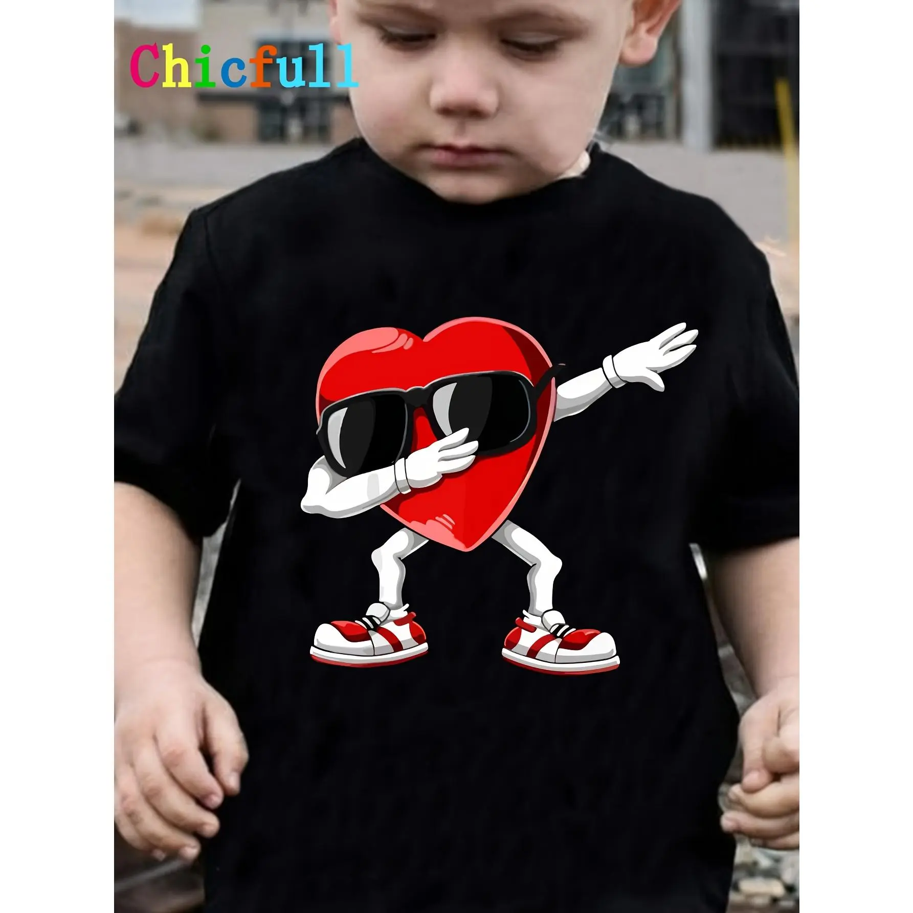 1PC Chicfull Boys' Valentine's Day T-Shirt with Fashion Glasses & Heart Print - Casual, Comfy Polyester Crew Neck Tee for Youngsters