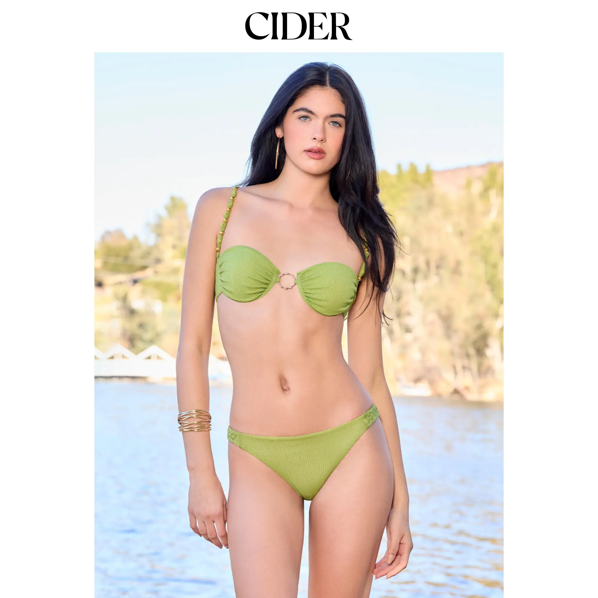 Cider Square Neck Beaded O-Ring Texture Underwire Cheeky Bikini Set
