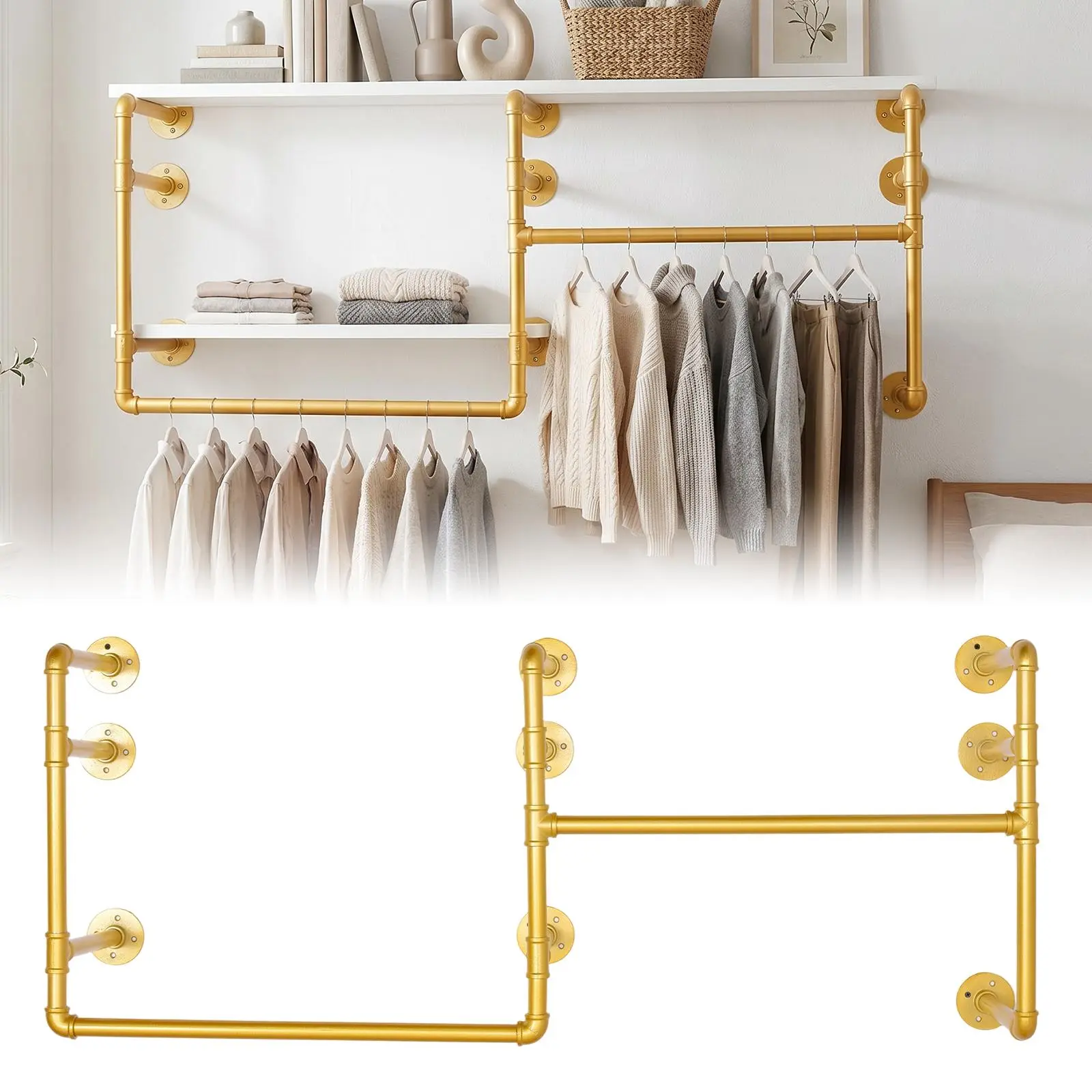 Industrial Pipe Clothing Rack Heavy Duty Walk-in Closet Organizer Wall Mounted Industrial Style Clothing Rack for Home Bedroom Closet Cloakroom Laundry Room Storage