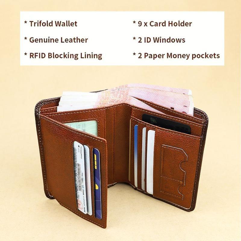 Men Wallet Genuine Leather Rfid Blocking Trifold Wallet Vintage Thin Short Multi Function ID Credit Card Holder Male Purse Money