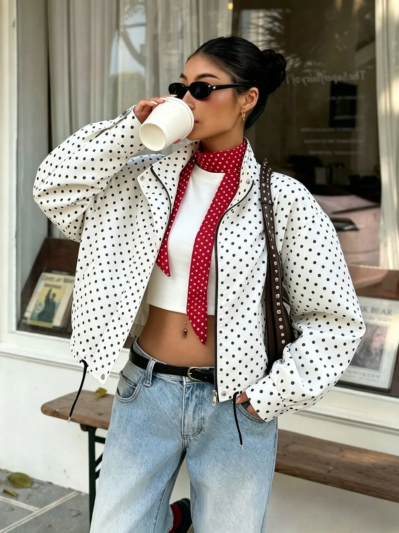 White Polka Dot Zip Jacket, Cute Tops For Women, Coffee Run Fall Outfits Inspo