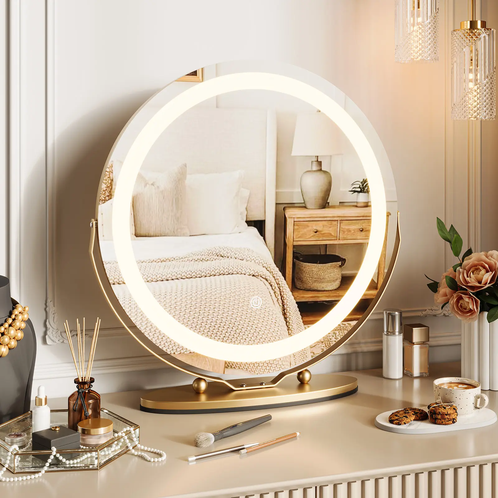 19-Inch Round LED Vanity Mirror – Dimmable 3-Color Lighting, Smart Touch Control, 360° Rotatable Aluminum Frame, Tabletop, Makeup Mirror for Bathroom, Bedroom, Living Room