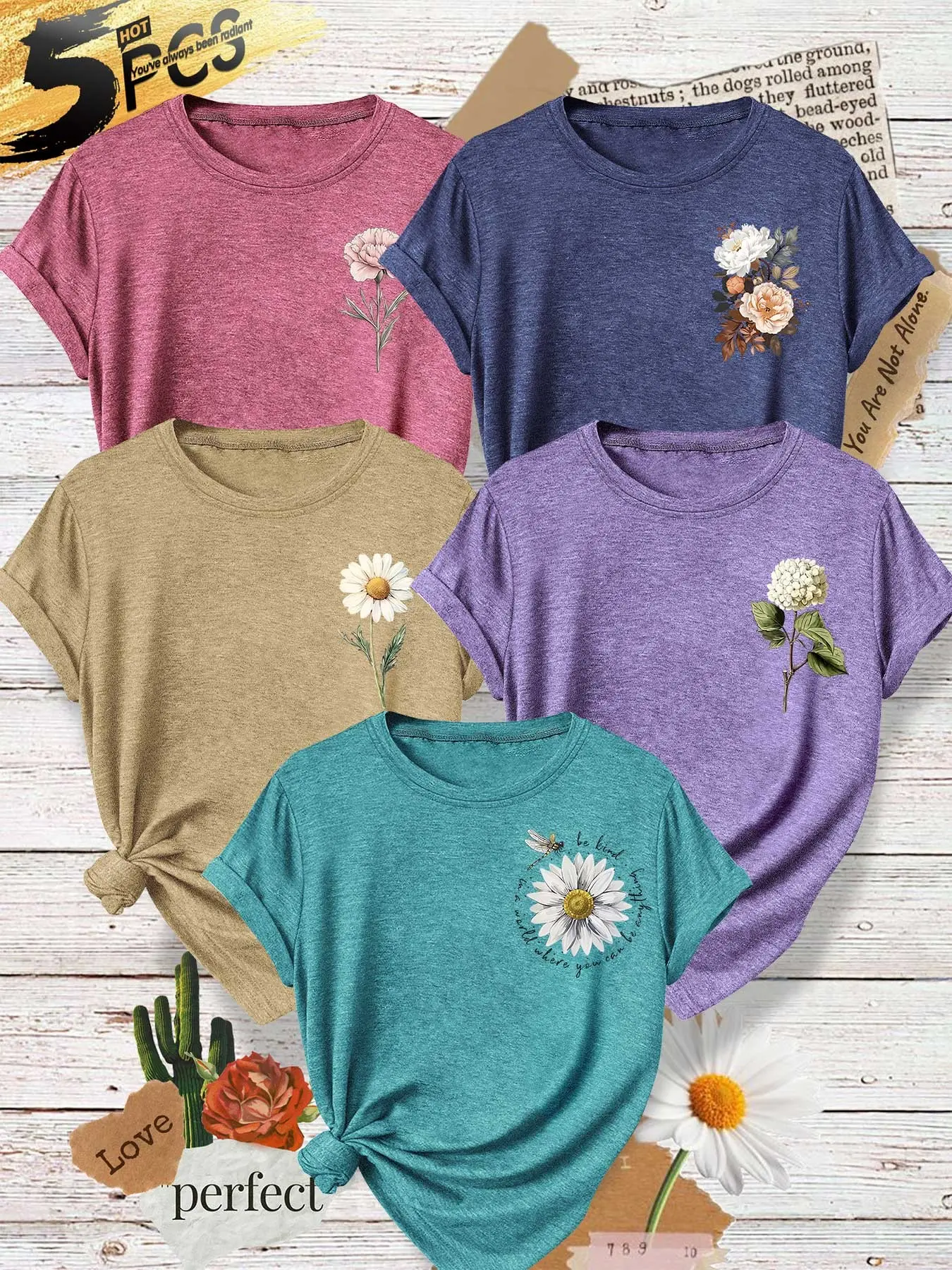 Five-Piece Women's Round Neck T-Shirts, Daisy Peony Print, Soft Fabric, Casual Fashion, Daily Wear