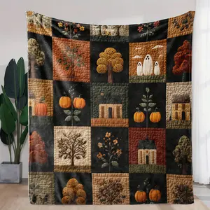 Fall Halloween Patchwork-style Print Flannel Blanket Soft Warm Throw Plush Blanket Neutral Rustic Pumpkin Ghost Autumn Tree Cottage Aesthetic Bedroom Couch Nap Blanket Giftable Farmhouse Halloween Fall Decor Blanket For Room Party Day Gift Popular Home Bl