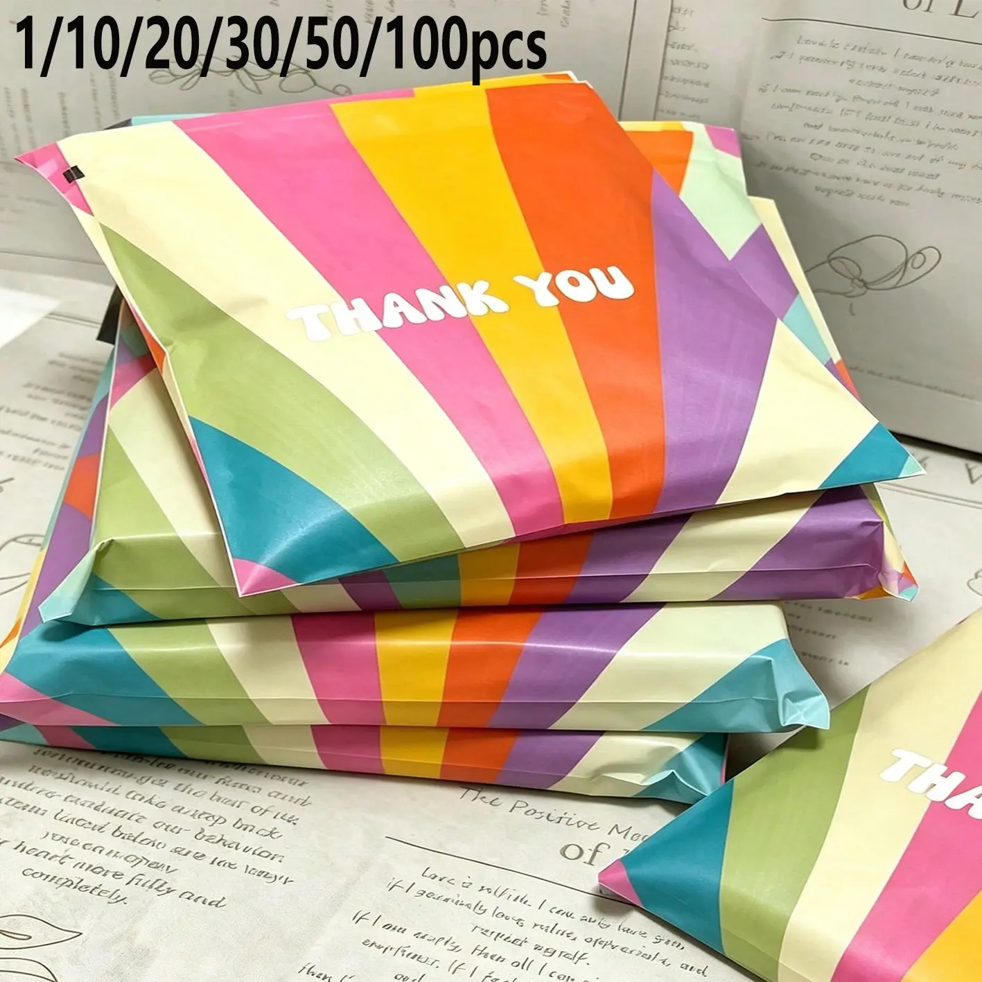 Colorful Printed Shipping Bags with 'thank You' Text, Waterproof Thickened Mail Envelopes, Ideal for Clothing, Small Business, Wedding Gifts, Party Favors