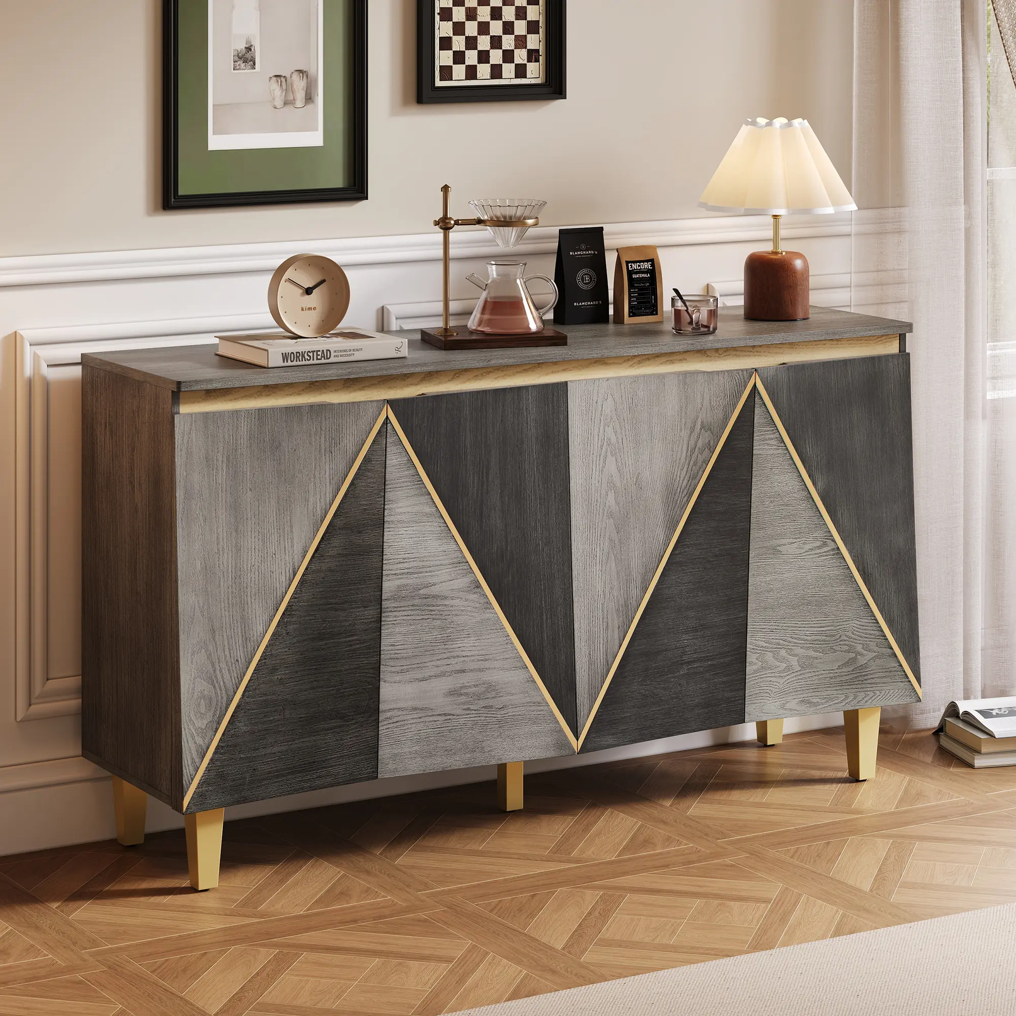 ARCH 60" Retro Buffet Cabinet with Storage, 4-Door Vintage Sideboard with Dimensional Effect Doors, Adjustable Shelves, Light and Dark Gray Options for Dining Room, Kitchen, Living Room, Living Room Table for Sofa Side, Bedroom, Office
