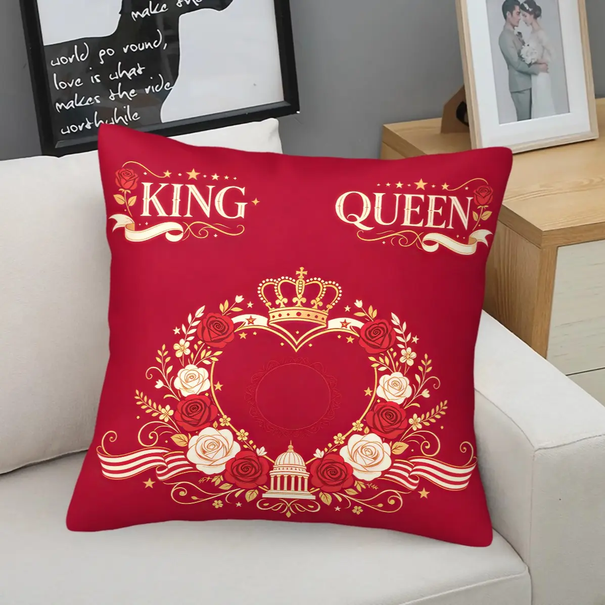 45x45cm 1Pc A cushion featuring a crown and heart print with a touch of luxury, machine washable, soft and fluffy, suitable for living rooms, bedrooms and hotel interiors (includes cushion insert)