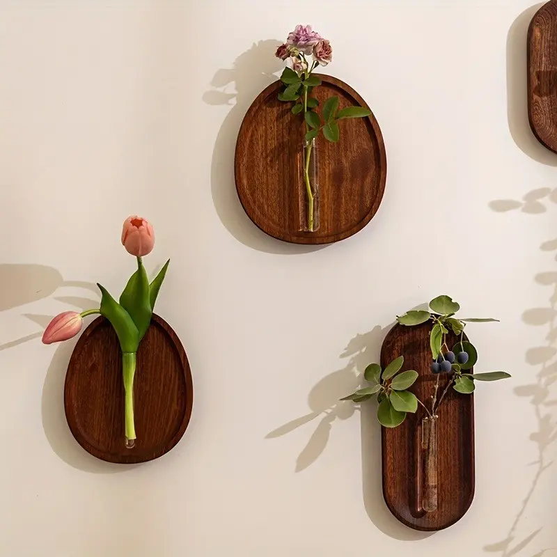 Chinese Style Solid Wood Wall-Mounted Vase, Creative Combination Wooden Holder, Zen Aesthetic Hotel Wall Decor, Unique Floral Display, Flower Arrangement Vase, Decorative Flower Vase