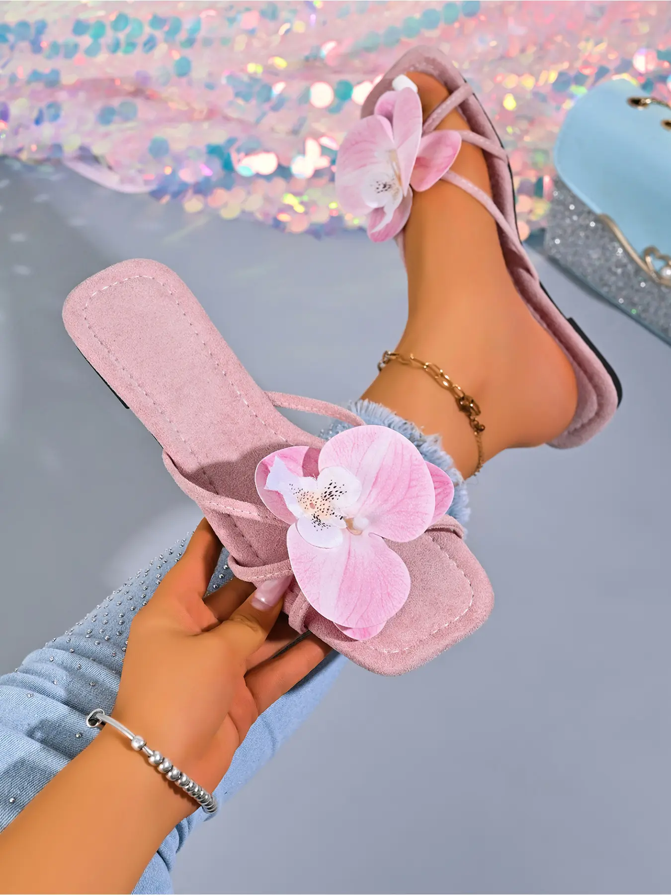 Pink Blue Sage Green Soft Fabric Single Thin Strap Large 3D Artificial Orchid Flower Decor Square Open Toe Slip On Soft Cushion Summer Flat Slide Sandals