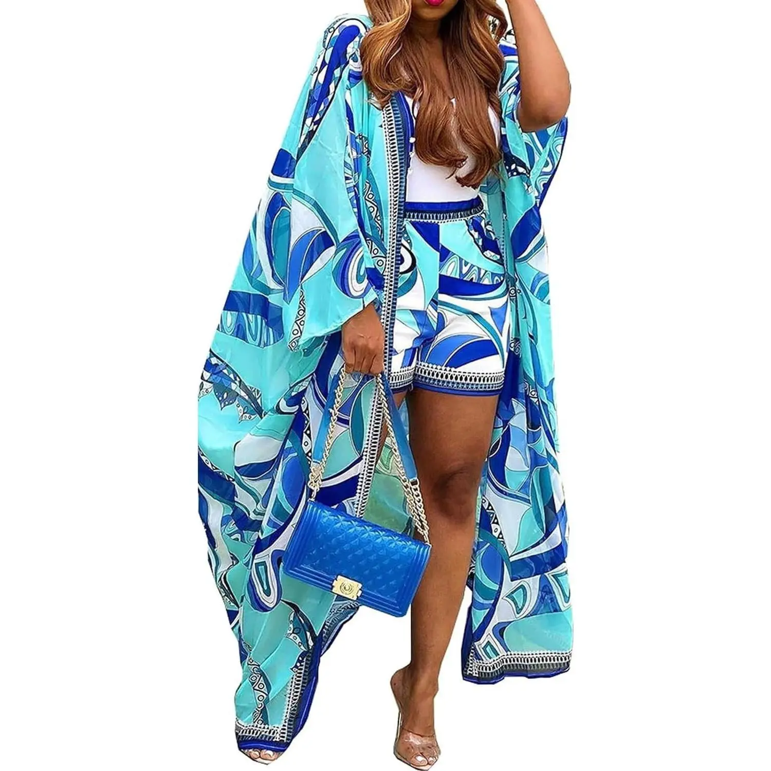 Women's Two Piece Kimono Shorts Set Summer Vacation Outfit Flowy Beach Cover Up Duster(Gift)