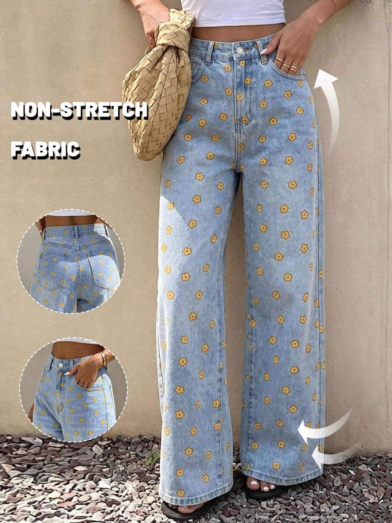 GILIPUR Women High Waisted Floral Print Wide Leg Jeans Light Wash Yellow Daisy Flower Non‑Stretch Denim Pants Y2K Boho Summer Straight Trousers TChic