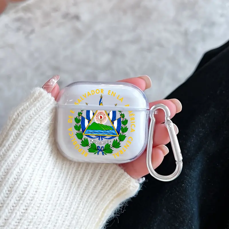 El Salvador Emblem Pattern TPU Soft Protective Case for Apple AirPods 4/3/2/1/Pro/Pro2 Transparent Earphone Cover with Keychain Attachment