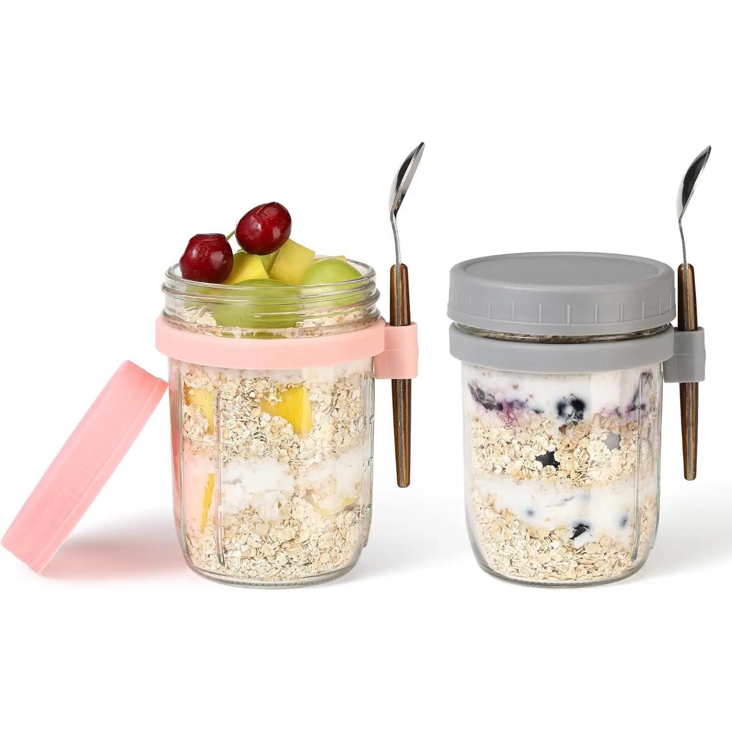 16oz Glass Mason Overnight Oats Jars, Cereal, Yogurt, Salad Lunch,Glass Overnight Oats Containers with  and Spoon, Container with Measurement Marks -(Grey&-2Pcs)