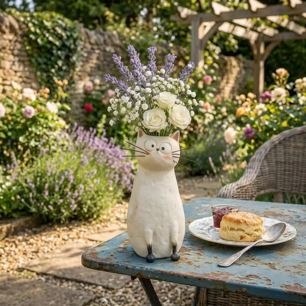 Cute Cartoon Cat Resin Flower Vase, Quirky Cat Shape Desk Floral Arranger, Bohemian Home Decor, Creative Gift for Cat Lovers, Decorative Vase