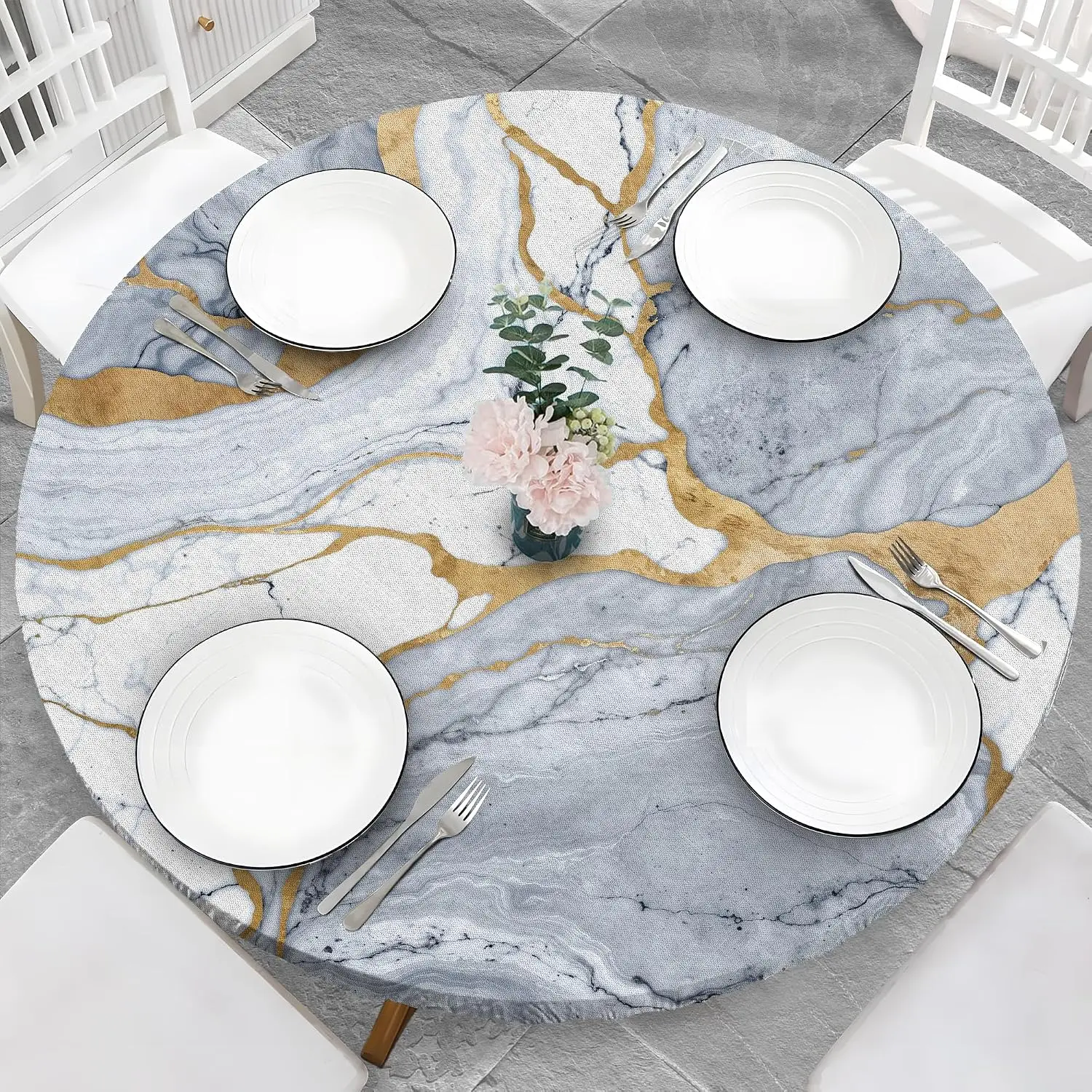 Marble Grain 48 Inch Round Fitted Cloth Tablecloth with Elastic Edged, Waterproof Oil Proof Wipeable Table Cover for Indoor Outdoor Patio Table, Fits Round Tables Up to 46" - 50" Diameter