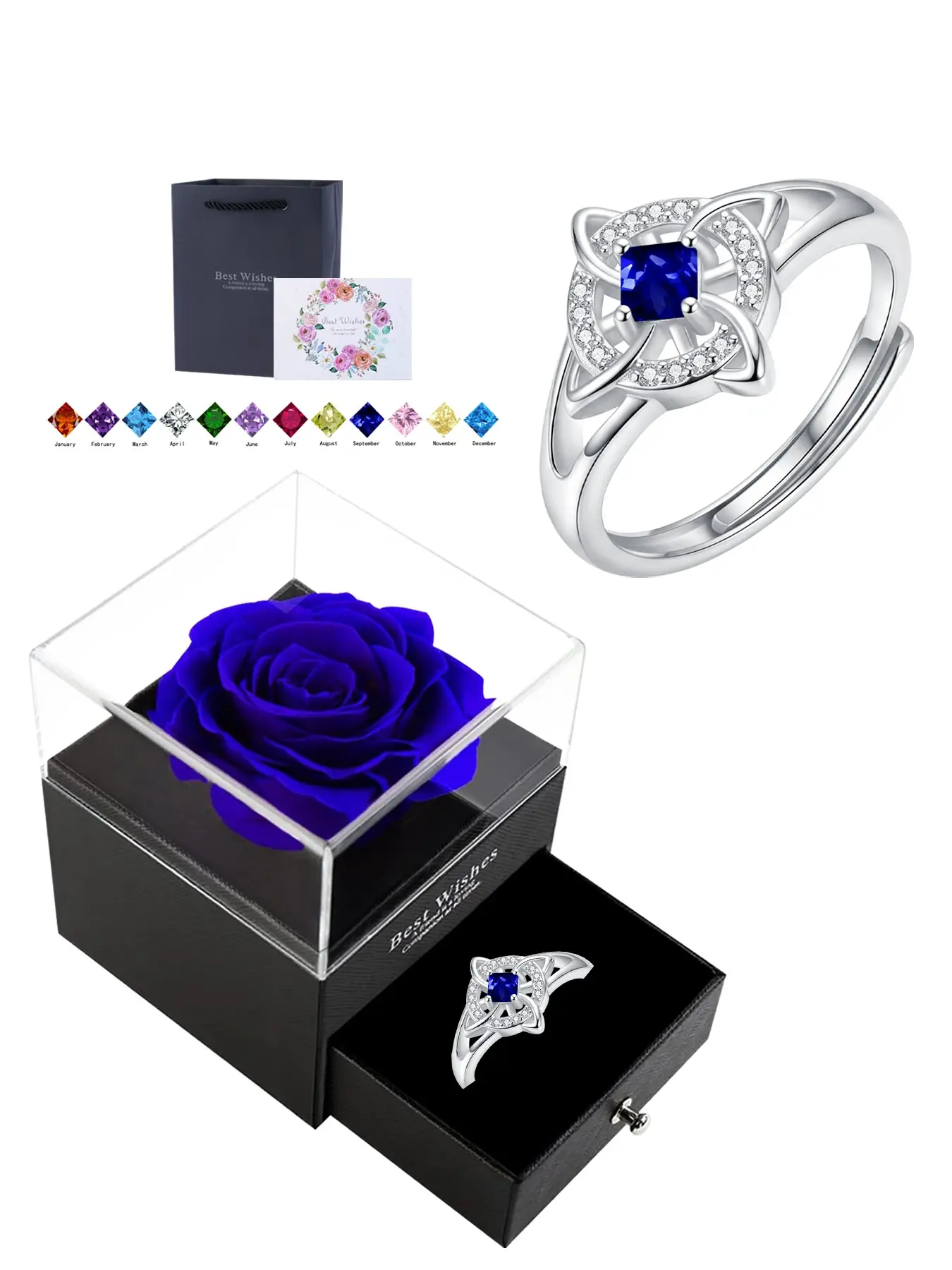 Keltic Witch Knot Birthstone Ring, Anniversary Birthday Gift, Mother's Day Christmas Jewelry, Elegant Copper Chain, Includes Box