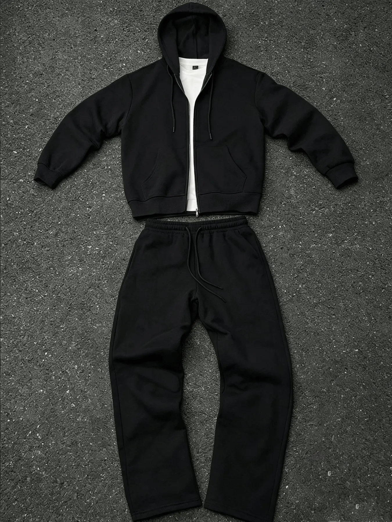 Solid Black Cropped Zip Up Hoodie Tracksuit Men Wide Leg Sweatpants 2 Piece Streetwear Outfit
