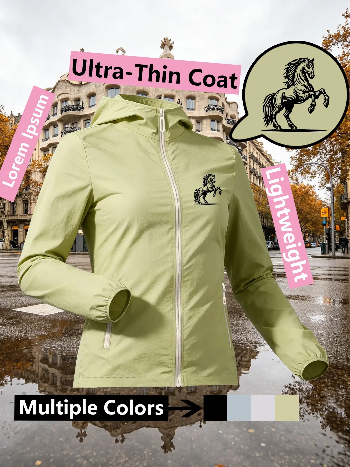 Women's Hooded Ultra-Thin Skin Jacket Coat, Fashion Casual Style, Trendy Horse Silhouette Print, Comfortable & Breathable, Loose Fit, Perfect for Daily Commute and Outdoor Activities, Lightweight & Versatile, Multiple Colors Available