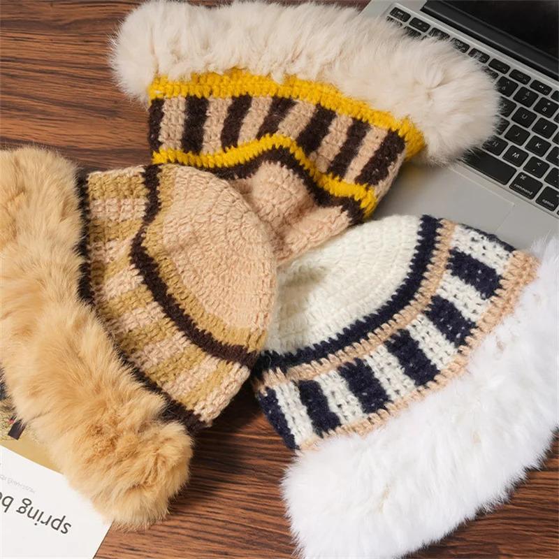 Winter Rabbit Fur Plush Handmade Knitted Hat for Women Men Outdoor Ear Protection Soft Warm Beanie Y2k Streetwear Knitted Hats