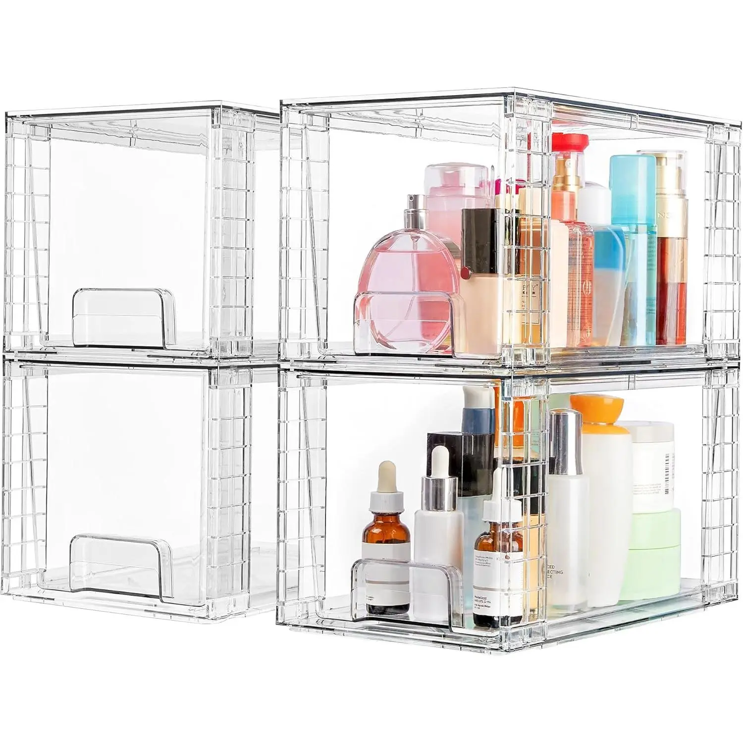 4-Pack Large Stackable Acrylic Storage Drawers - Easy-to-Assemble Silicone-Sealed Boxes for Bathroom Undersink, Kitchen Cabinets, Makeup Organization