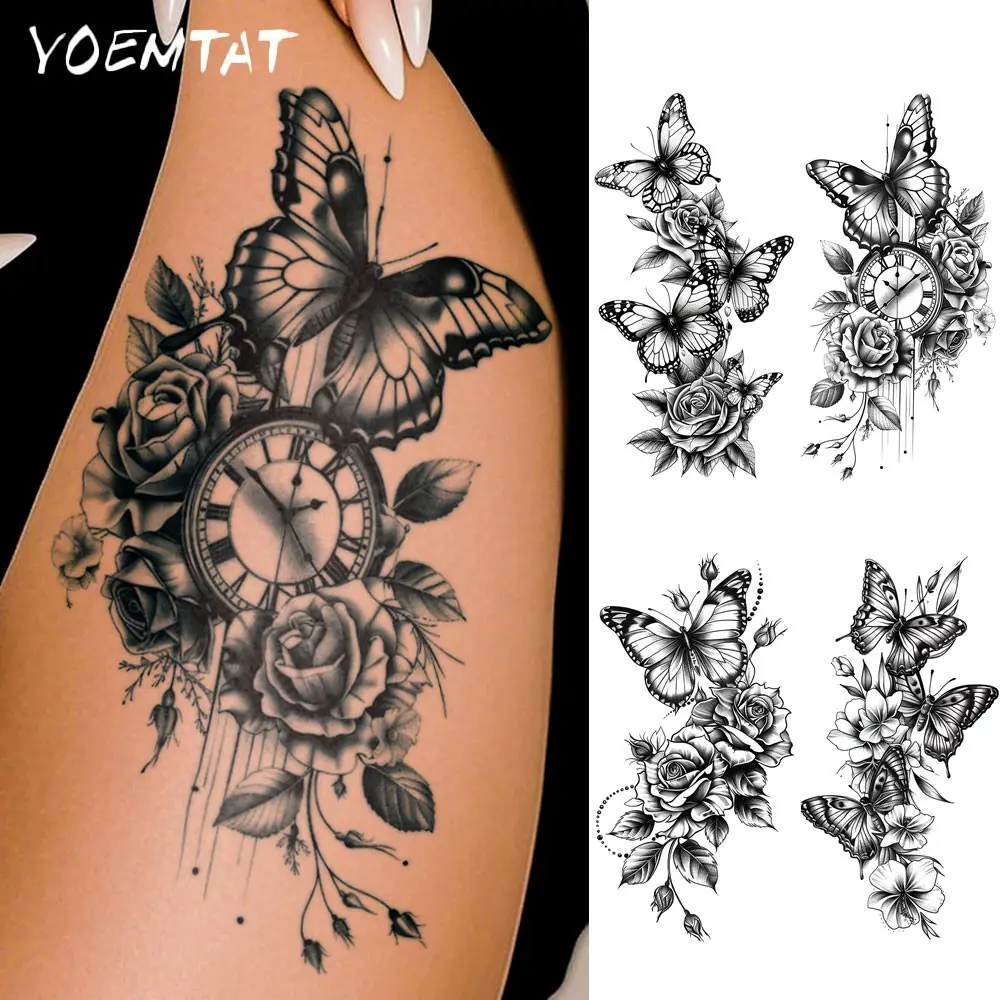4pcs Black Butterfly Rose Flowers Waterproof Temporary Tattoo Sticker Vintage Clock Floral Design Body Art Arm Thigh Back Chest Neck Fake Tattoos Sleeve For Women Men Aldults