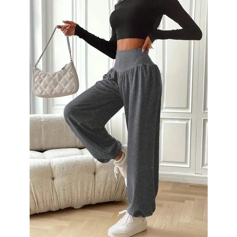 Women's 4-Way Stretch Elastic Loose Casual Soft Polyester Blend Full Length Yoga Jogger Bottoms - Basic Exercise Wear for Dance, Outdoor Daily Use - Available in Grey, Khaki, Sweatpants Style