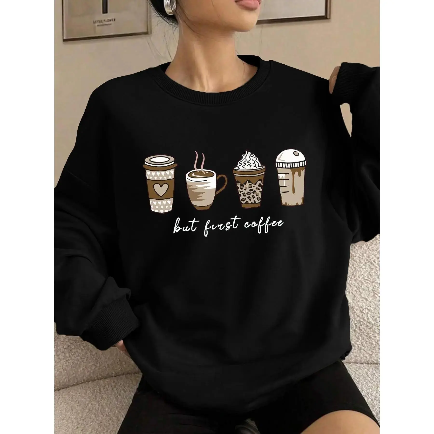 Women's Coffee & Letter Print Drop Shoulder Sweatshirt, Casual Pullover Sweatshirts Long Sleeve Round Neck Pullover for Spring & Fall, Ladies Clothes for Daily Wear Womenswear