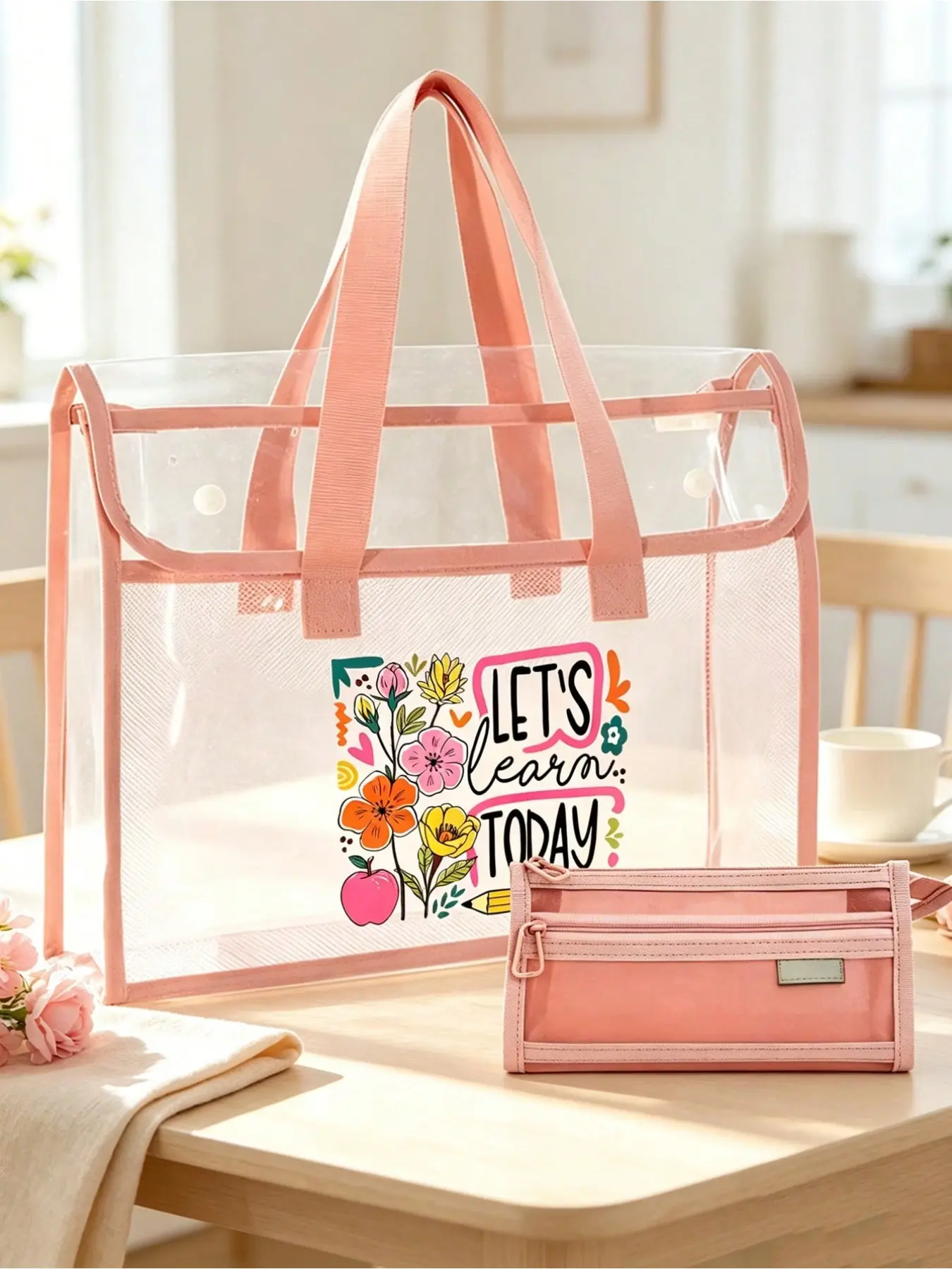 Colorful PVC Beach Tote Bag with Vintage Floral Pencil Print, Clear Jelly Handbag with Mesh Storage Pouch, Zipper Large Shoulder Bag for Pool Cruise School Office Commute, Ideal Back to School Teacher Appreciation Birthday Gift for Women