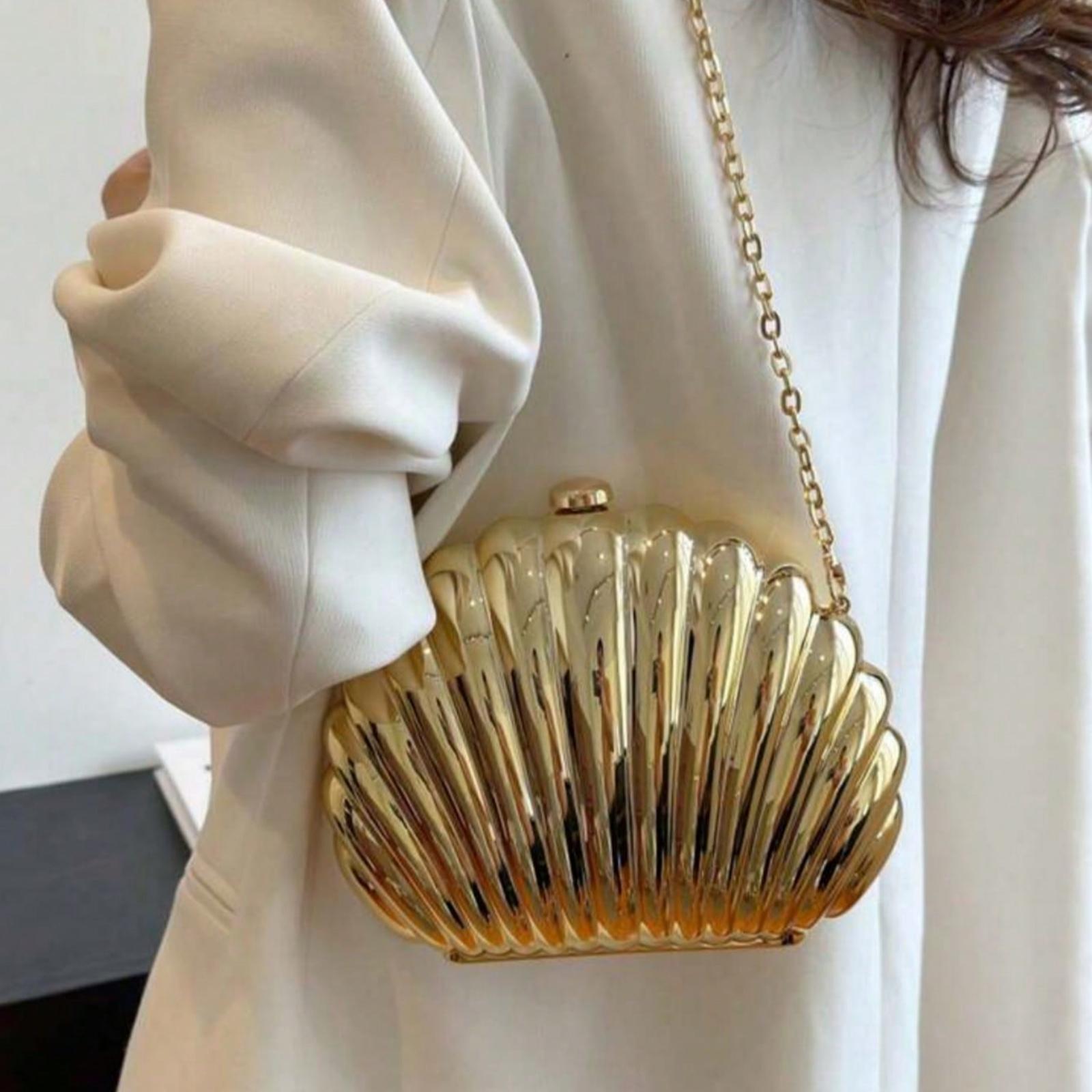 Mini Shell-Shaped Fashion Laser Metal Clutch, Vintage Metal Frame Chain Shoulderbag Crossbody Bag, Suitable For Women Formal Dinner, Going Out, Dating, Shopping, Elegant Shell Purse Perfect For Parties Weddings Dinners & Banquets Matches Wedding Dresses