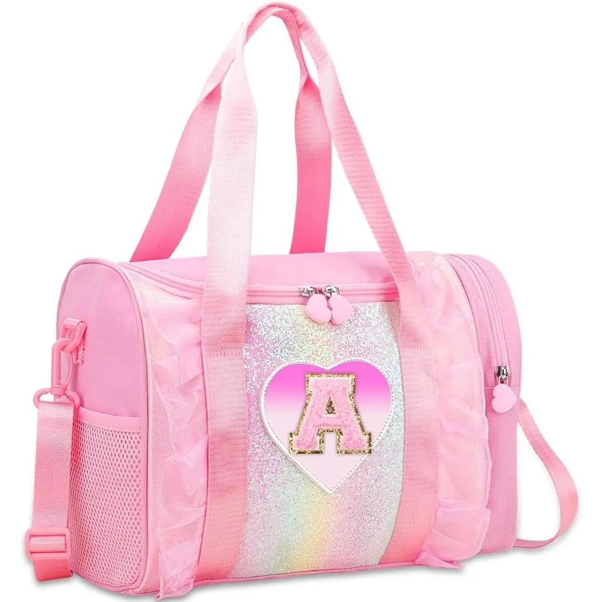 Personalized Initial Dance Bag for Girls - Toddler Travel Duffle Bag Gift for Teen Girls Lightweight Water Resistant Oxford Backpack for Ballet Cheerleading Sleepovers Gymnastics Pink A