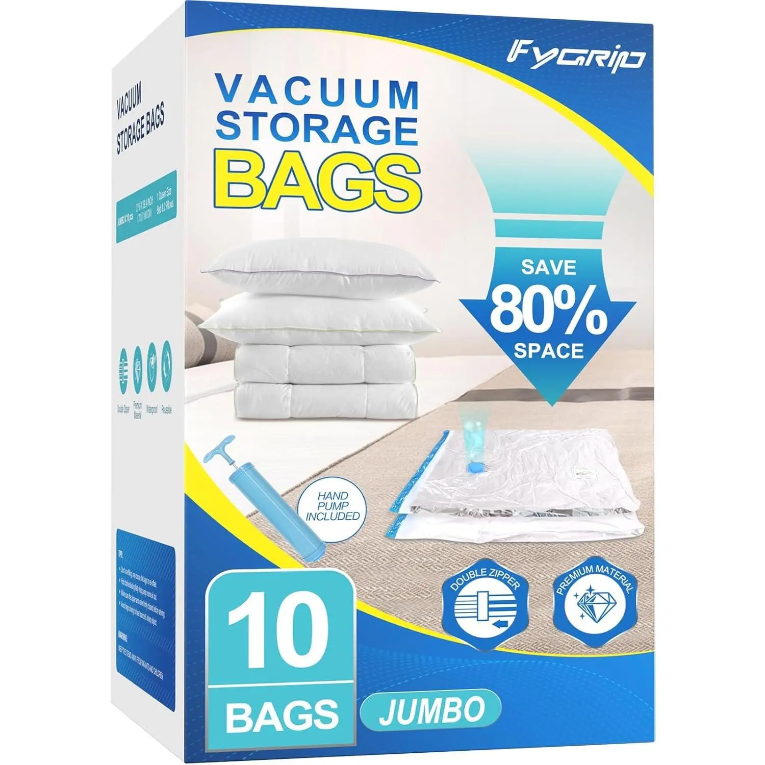 80% Saver Vacuum Bags with Hand Pump, 10| Packaging Bags, Vacuum Seal Bags for Clothing, Travel Lugggage,, Comforters