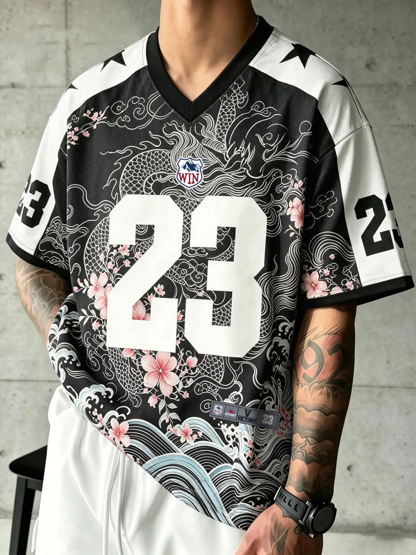 Men's Breathable Mesh Football Jersey | Oriental Dragon Cherry Blossom Wave Print Big Number 23 | V Neck Short Sleeve Loose Street Sport Top for Men