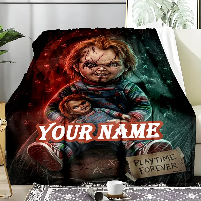 Personalized Child's Play Chucky Doll Blanket. Custom Name Outdoor Flannel Blanket Horror Doll Personalized Playtime Forever Design Blanket for Camping, Hiking, Garden Parties, Picnic Essentials, Perfect Gift for Family And Friend