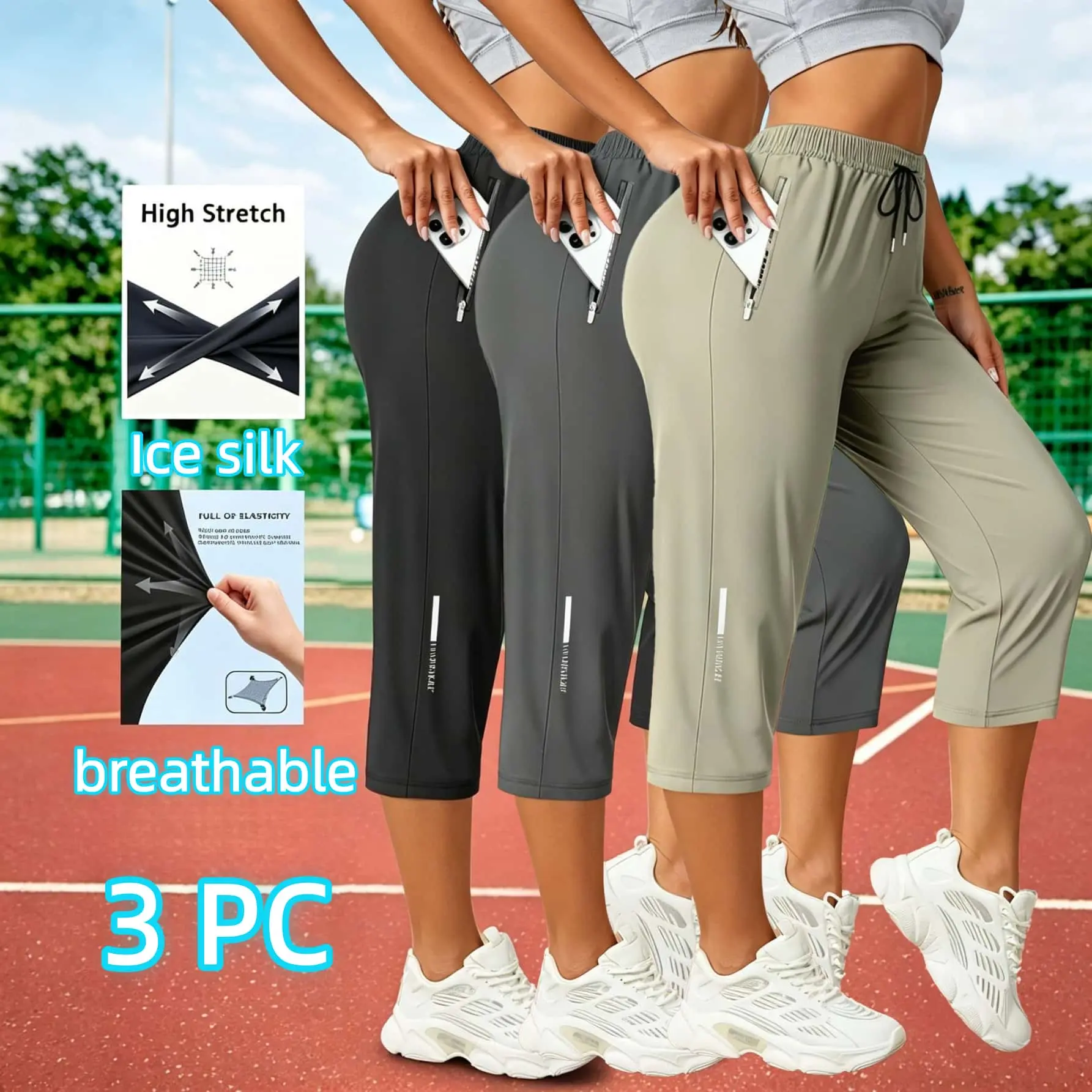 3-Pack Women’s Ice Silk Capri Pants – High Stretch Breathable Lightweight Cropped Pants with Drawstring Waist & Zipper Pockets, Loose Fit Lounge & Athleisure Pants for Summer Daily Wear