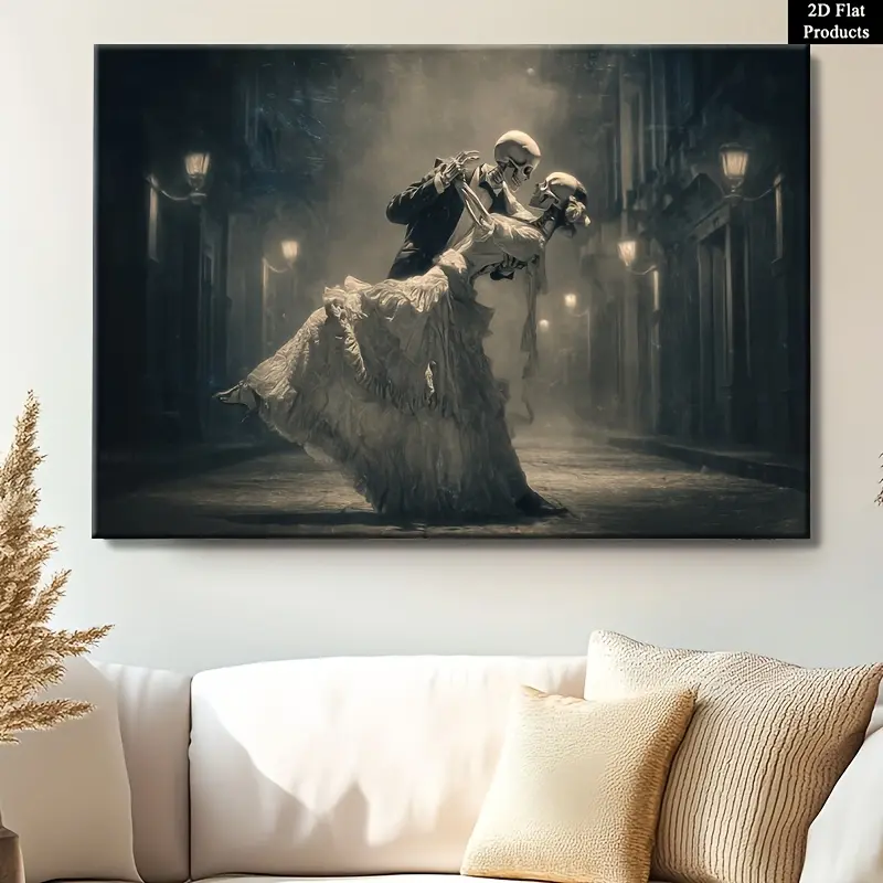 2D Decoration, 1 Gothic Romantic Skull Couple Dancing Wall Art - Pine wood frame with edged canvas, suitable for Valentine's Day, Christmas decoration, dark dance-themed artwork for offices, hotels, and restaurants, Gothic art style, design