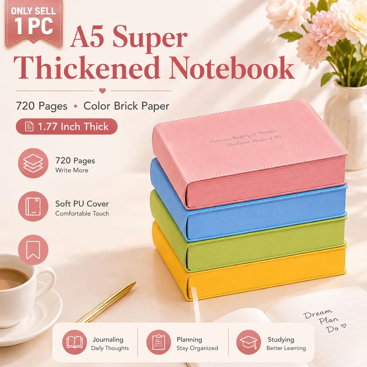 1 PC A5 Super Thickened Dopamine Notebook, 720 Pages Journal, 1.77" Thick Color-Edged Paper, Soft PU Leather Cover, Notebook for Journaling, Planning and Note Taking, Study Notebook
