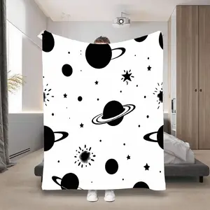 1Pc Flannel Throw Blanket |   Black Planets Stars Space Pattern Print, Suitable For Home Decoration And Daily Comfort, Polyester, Machine Washable