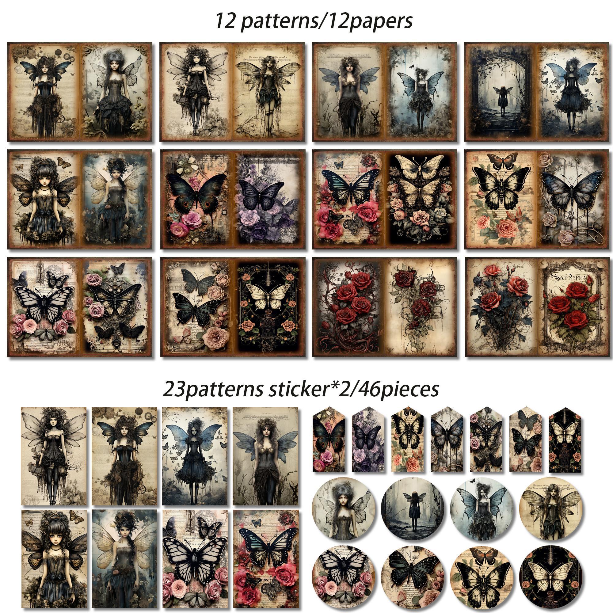 Gothic Butterfly Fairy Pattern Papers & Stickers Set, Sticker Packs, 58pcs/set Including 12pcs Scrapbook Paper & 46pcs Sticker, Perfect for Mini Gift Packaging, Bullet Journaling, Arts Crafts, Scrapbooking Supplies