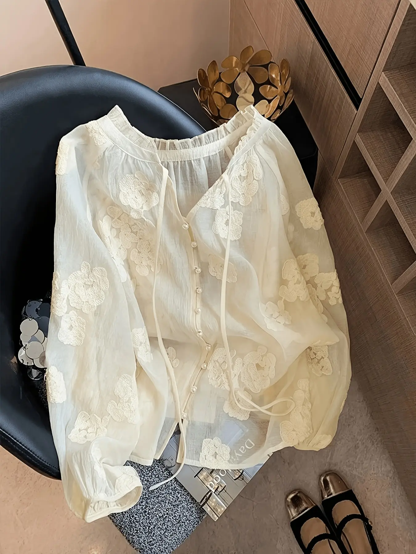 Autumn Soft Style 3D Flower Embroidered Sun Protection Shirt for Women, Wood Ear Tie Thin Semi-Transparent Lantern Sleeve Top