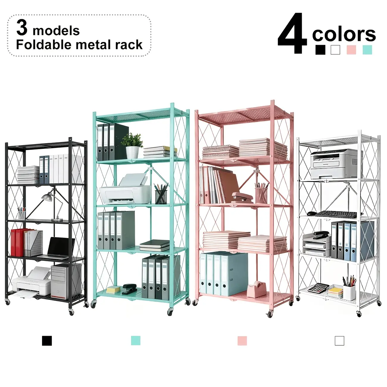 5/4/3 Tier Heavy-Duty Folding Storage Rack with Wheels, Portable No-Assembly Multi-Layer Floor Standing Shelf, Suitable for Home, Office, Dorm, Bedroom, Study Organization
