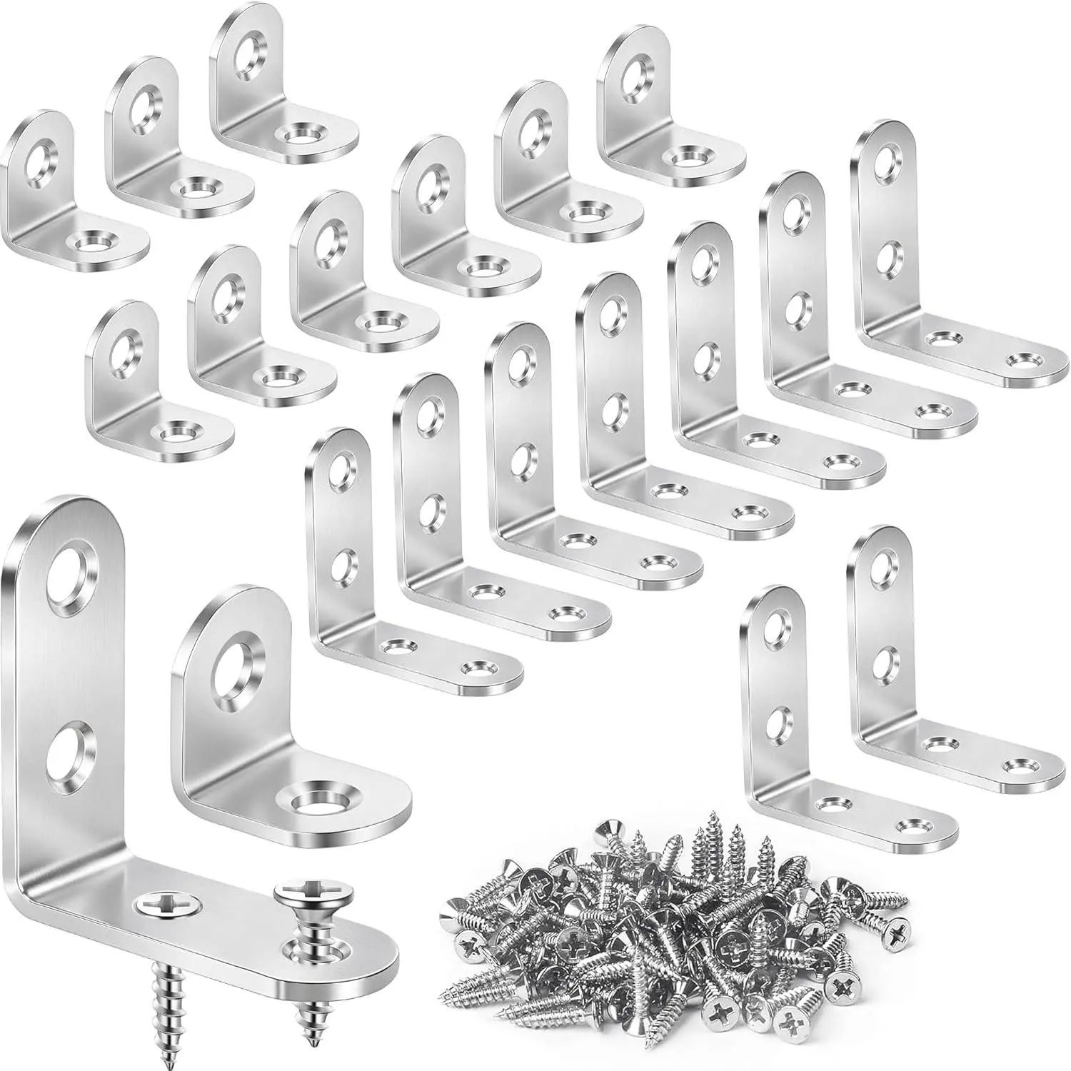 20 Pack L Bracket Corner Brace Kit, 2 Sizes Stainless Steel L Brackets for  Shelves, 90  Right Angle Bracket with 60 Screws, Small Metal Corner Brackets for Furniture Cabinet Drawer Chair