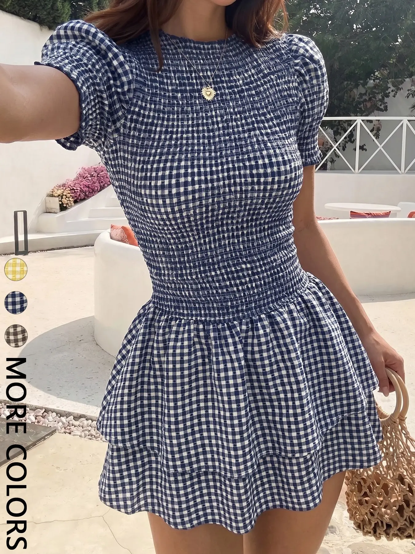 Women's Casual Plaid Dress, Fitted Short Sleeve, Perfect for Parties, Beach Vacations, Daily Wear, Essential for Gatherings