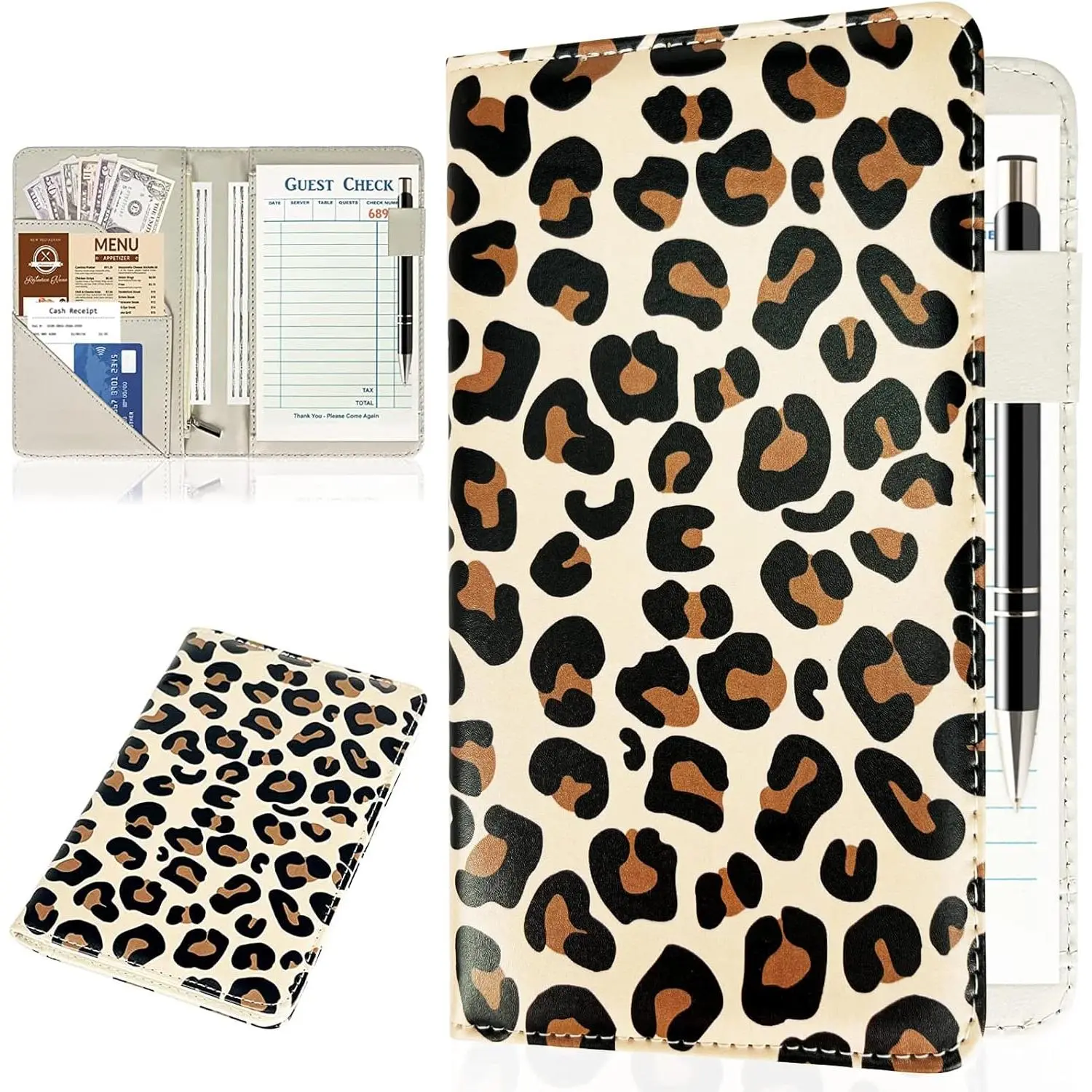 Server Books for Waitress, Waitress/Waiter Book Organizer with Zipper Pouch, Guest Check Book Holder  Pocket Restaurant Waitstaff Organizer Leopard