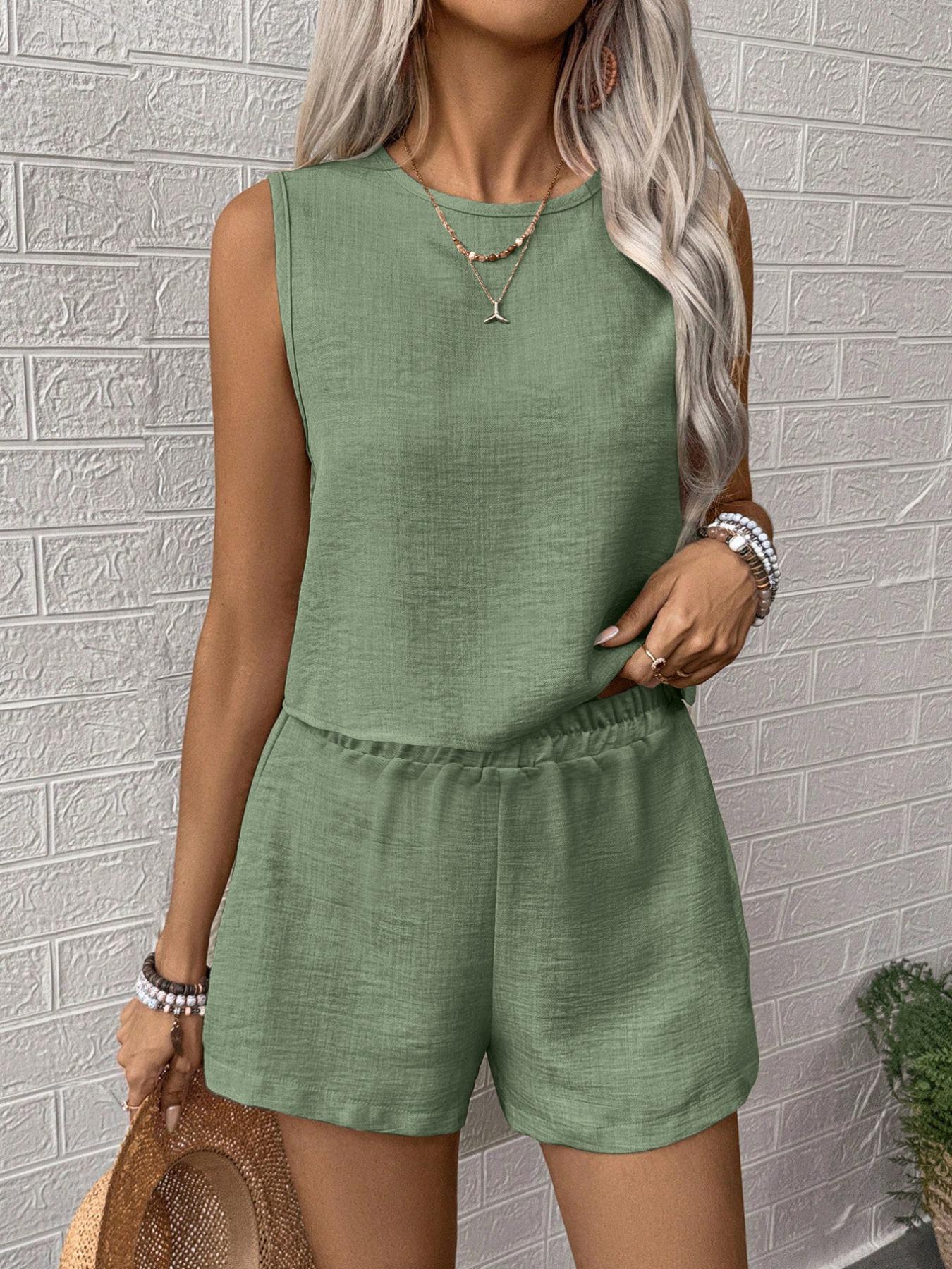 Women's Solid Color Crew Neck Crop Tank & Shorts Two-Piece Set, Casual Short Sleeve Top & Shorts, Summer Clothes for Ladies Outdoor, Matching Clothing Set Women