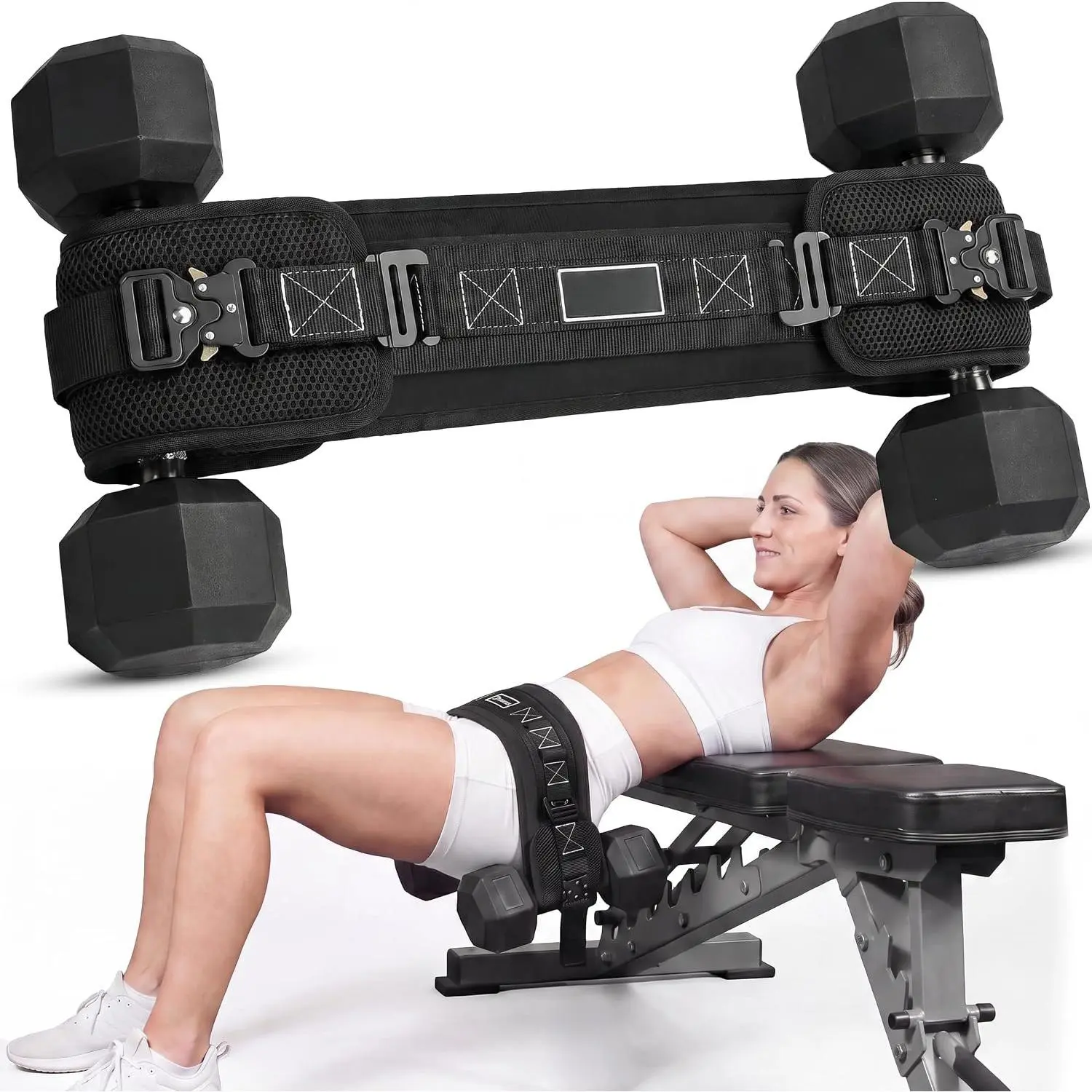 Thrust Belt - -Strap Glute Builder for Dumbbells, Plates, Kettlebells (Supports up to 700 lbs) - Comfortable Padded Booty Belt for  & Gym